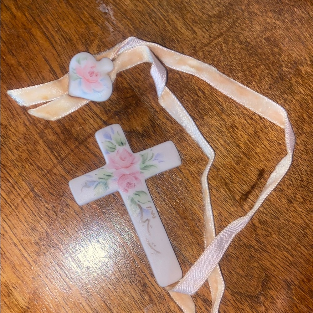Vintage Floral Porcelain Cross Pendant with Ribbon and Sacred Heart ❤️